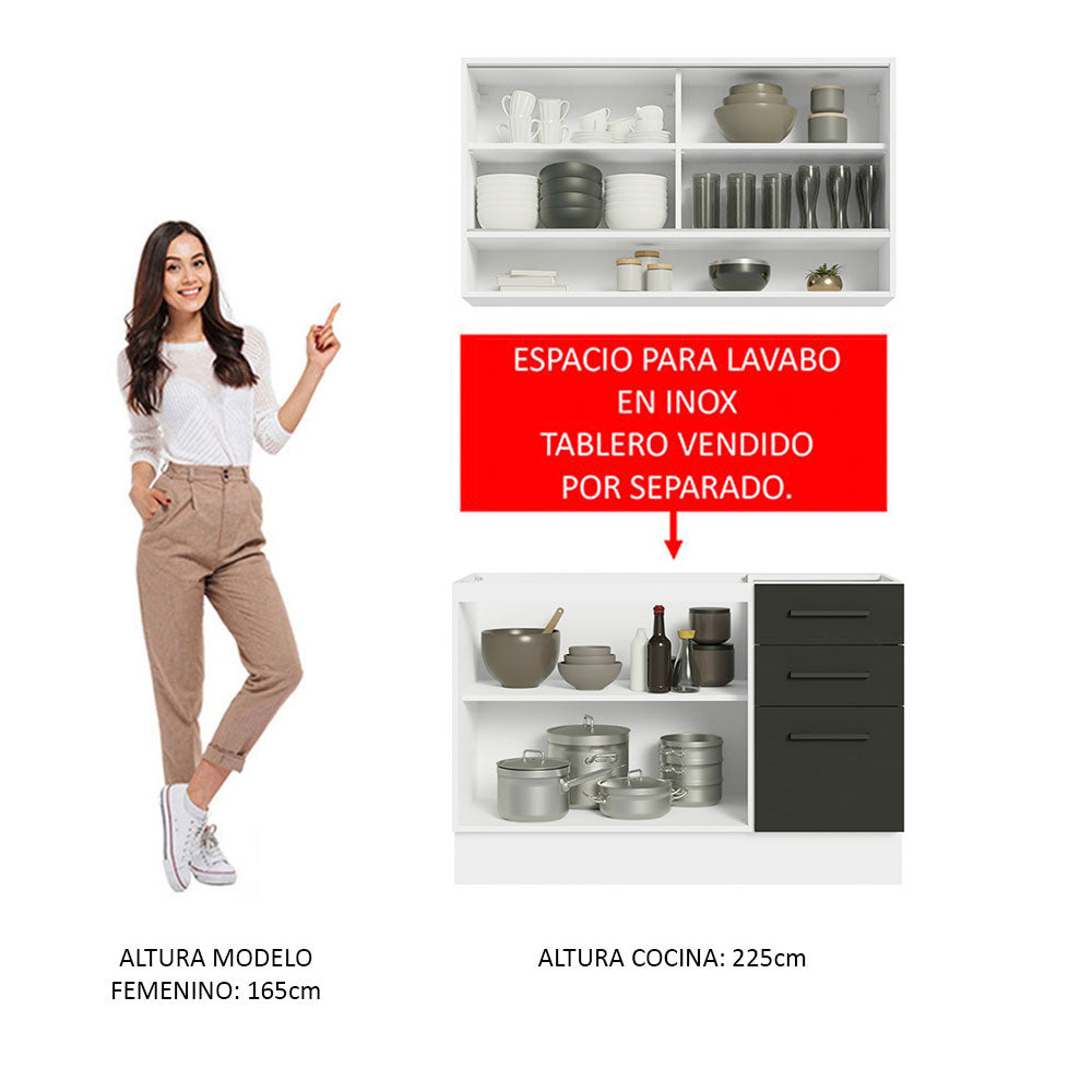 Cocina Compacta 120 cm 4 Puertas 3 Cajones Sin Mesada Blanco/Negro Agata Madesa