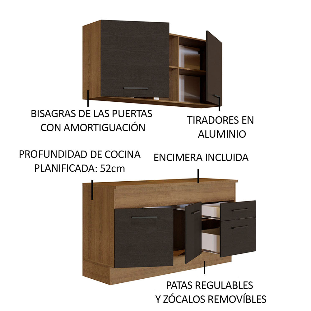 Cocina Compacta 150 cm 4 Puertas 2 Cajones Marrón/Negro Agata Madesa