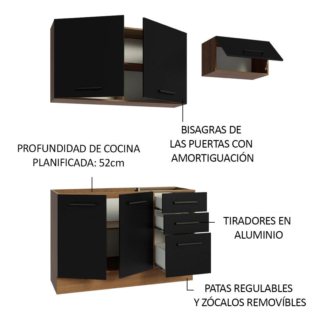 Cocina Compacta 180 cm 5 Puertas 3 Cajones Sin Mesada Marrón/Negro Agata Madesa