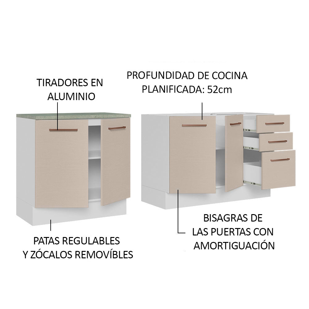 Kit Con 2 Bajo Mesada de Cocina com 3 Cajones y 4 Puertas (Sin Tapa Ni Bacha de acero inoxidable) Blanco/Crema Agata Madesa