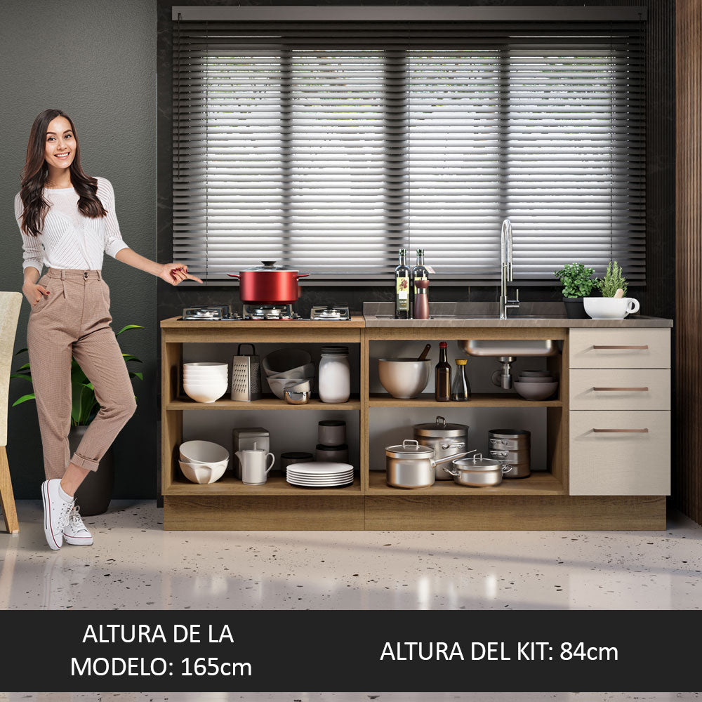 Kit Con 2 Bajo Mesada de Cocina 3 Cajones y 4 Puertas (Sin Tapa Ni Bacha de acero inoxidable) Marrón/Crema Agata Madesa