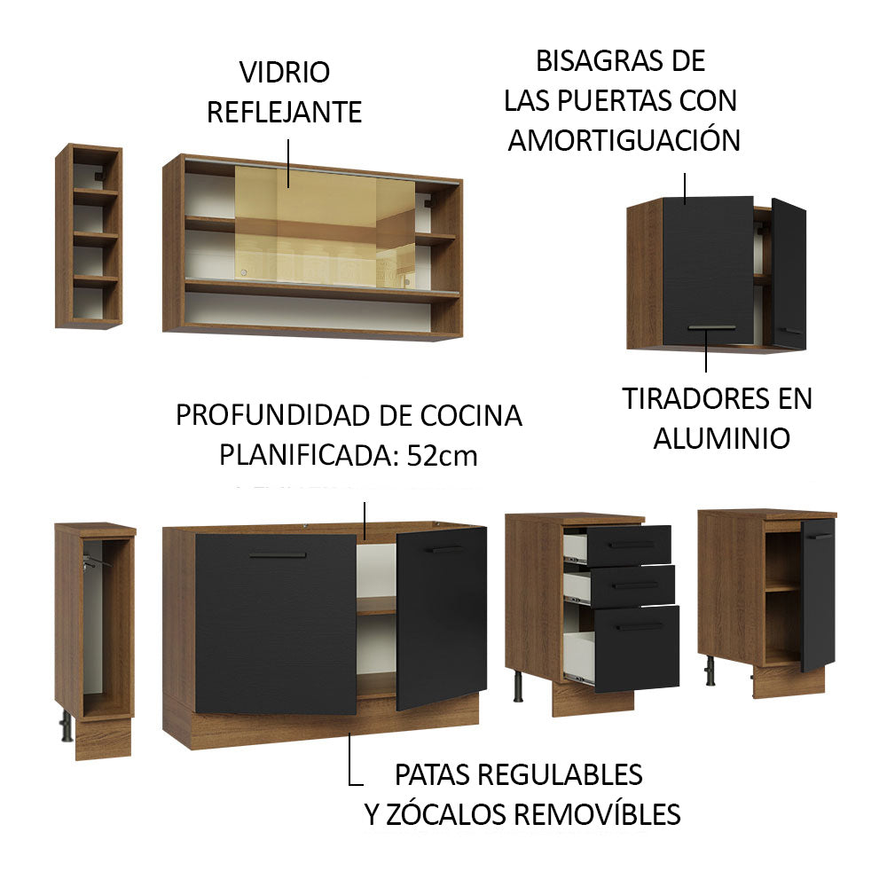 Kit Completo de Cocina 220 cm 7 Puertas 3 Cajones Sin Mesada Marrón/Negro Agata Madesa
