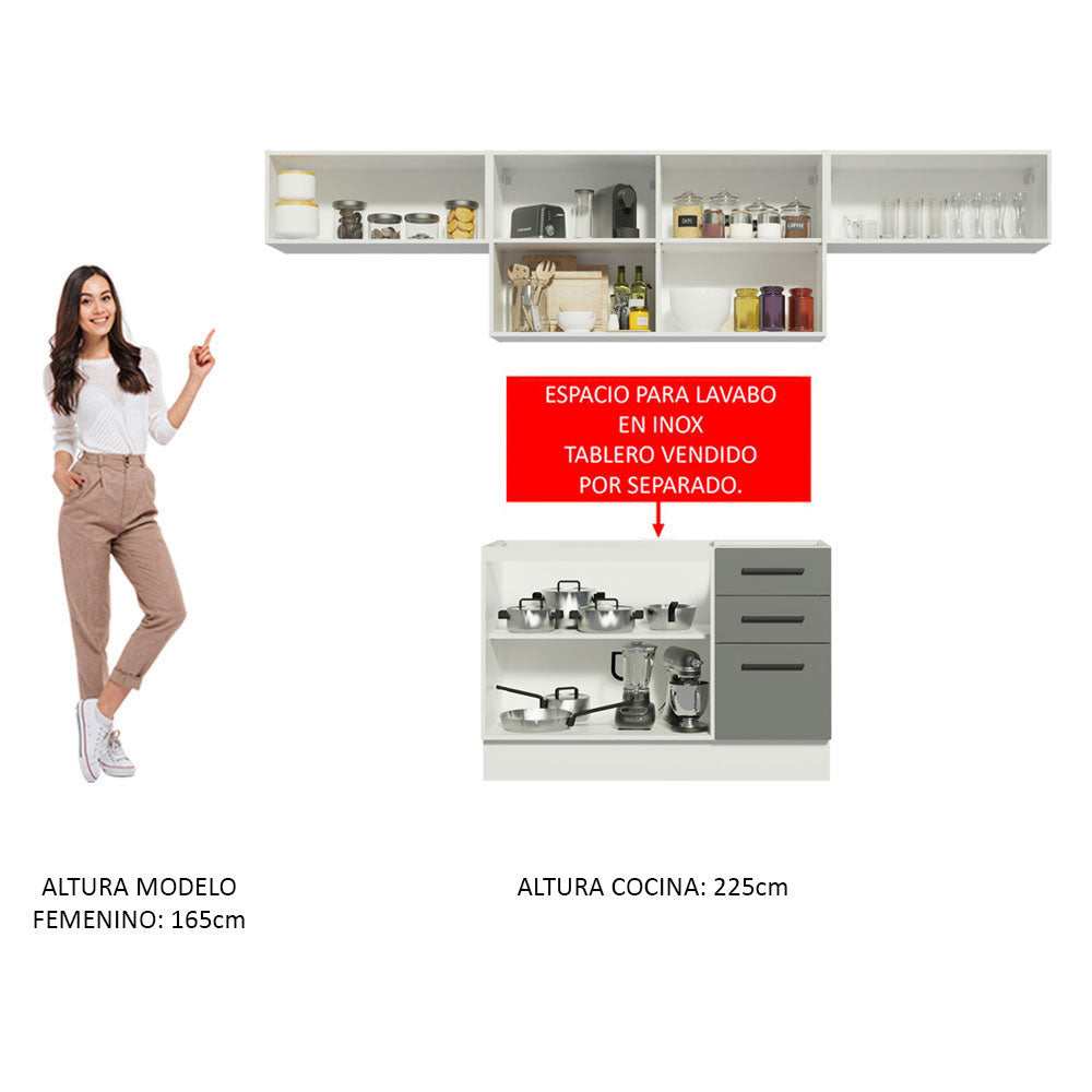 Combo completo de Cocina 280 cm 5 Puertas 3 Cajones Sin Mesada Blanco/Gris Agata Madesa
