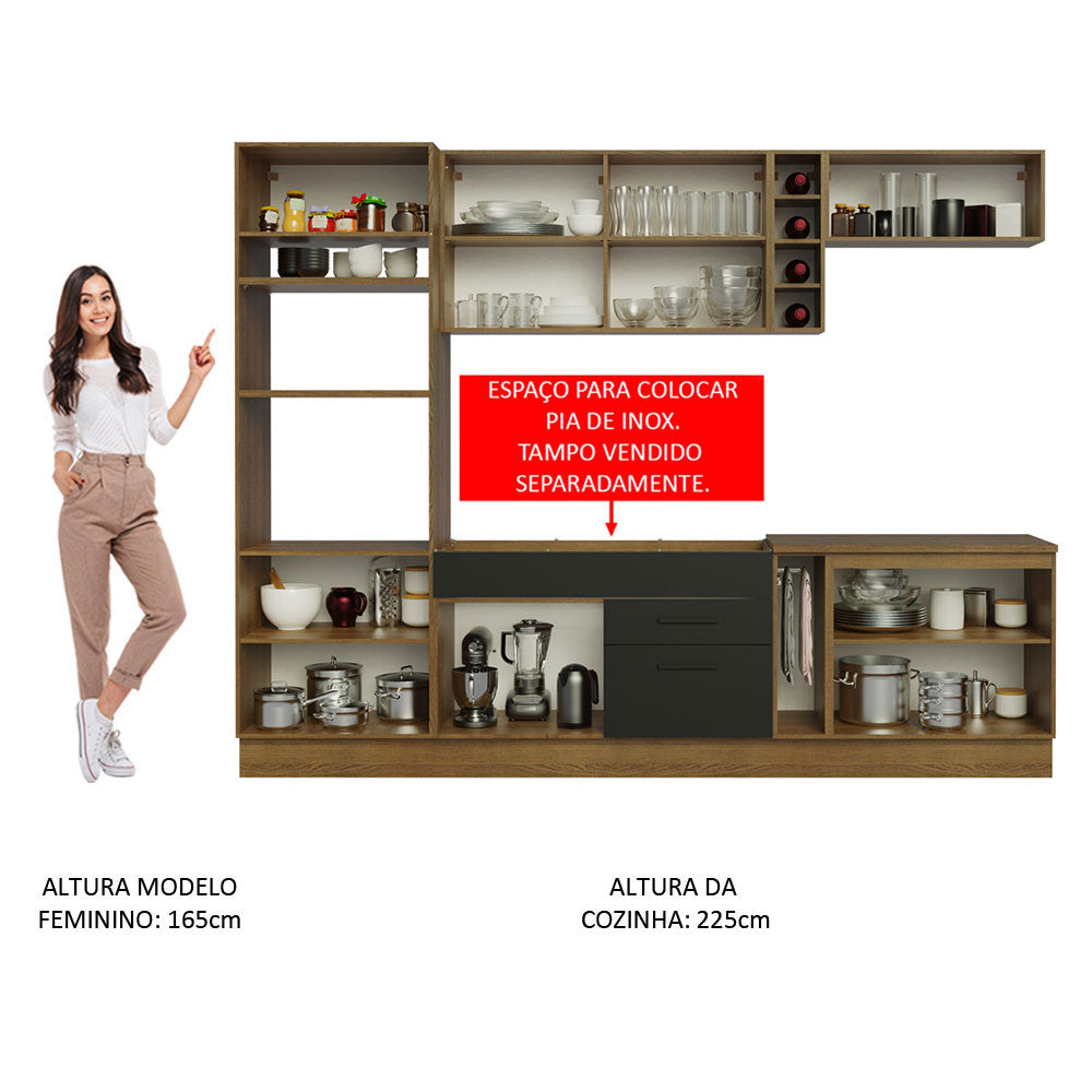 Combo completo de Cocina 290 cm 9 Puertas 2 Cajones Sin Mesada Marrón/Negro Agata Madesa