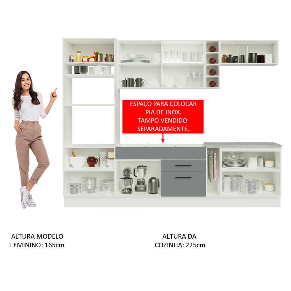 Combo completo de Cocina 290 cm 9 Puertas 2 Cajones Sin Mesada Blanco/Gris Agata Madesa