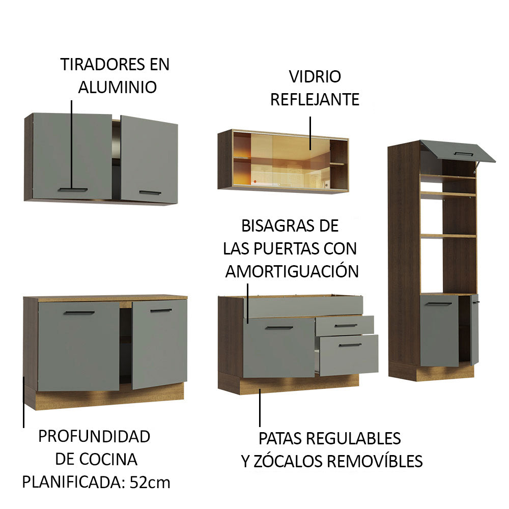 Combo completo de Cocina 310 cm 10 Puertas 2 Cajones Sin Mesada Marrón/Gris Agata Madesa