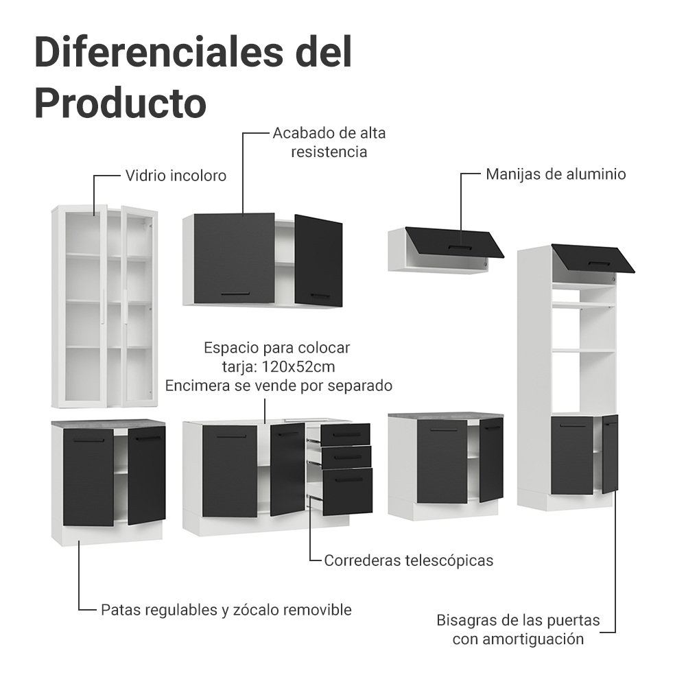 Combo completo de Cocina con Cristalero 340 cm Madesa Agata BN 01