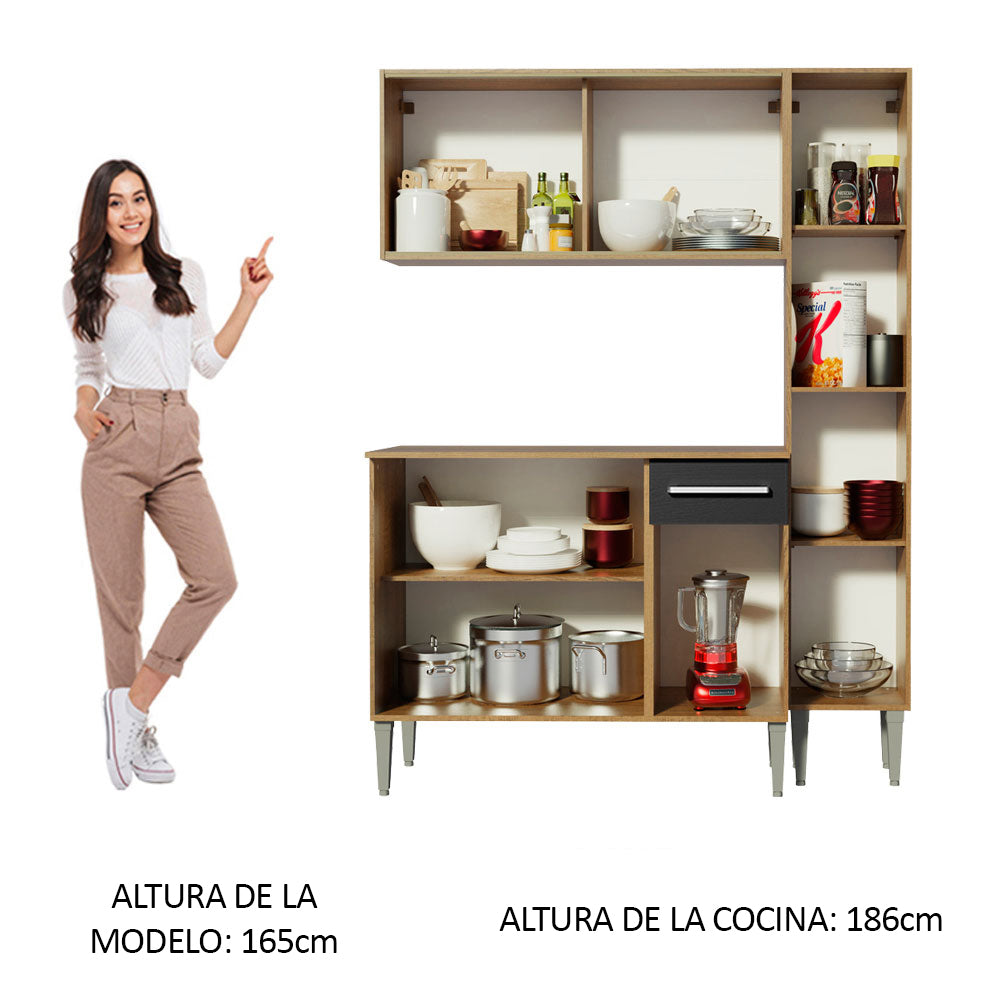 Cocina Compacta 137 cm 7 Puertas 1 Cajón Marrón/Negro Emilly Madesa