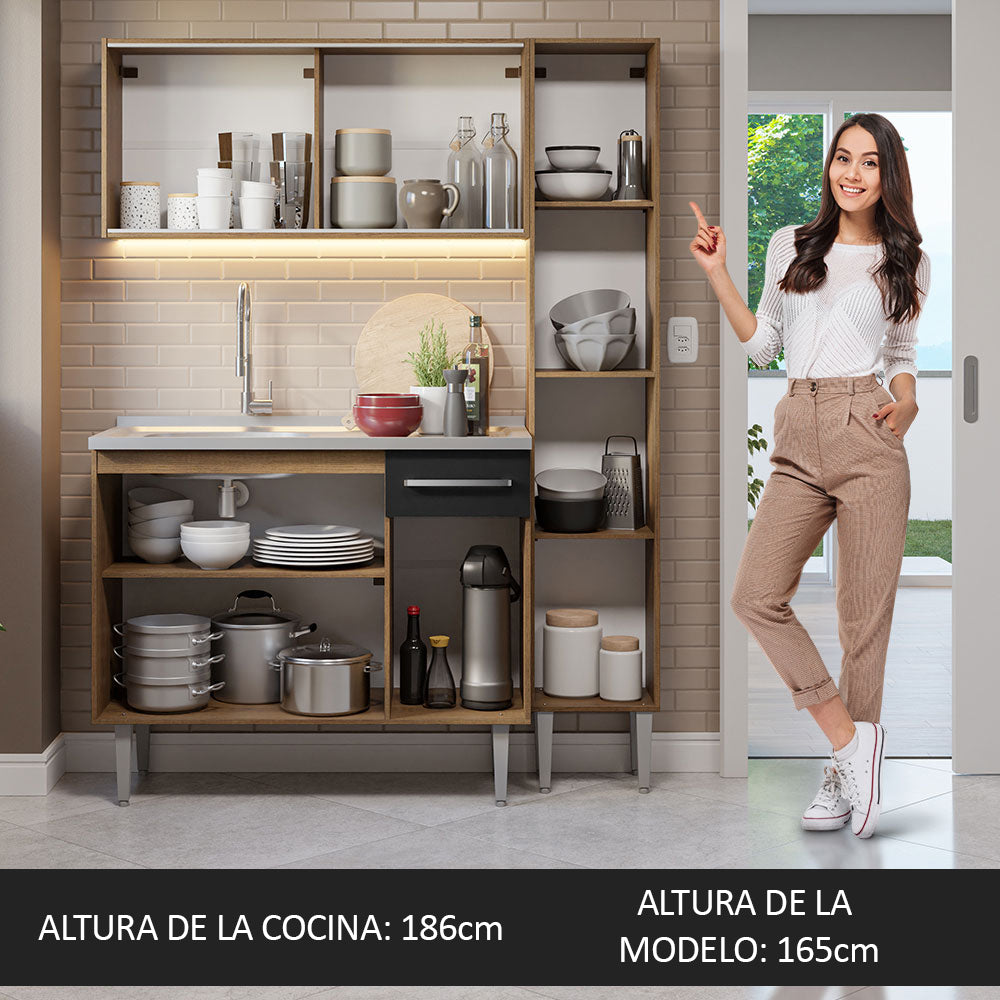 Cocina Compacta 137 cm 7 Puertas 1 Cajón con Bacha de Acero Inoxidable Marrón/Negro Emilly Madesa