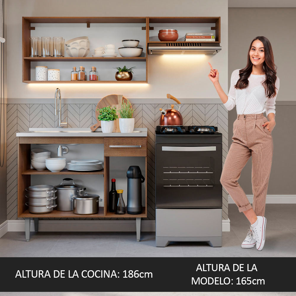 Cocina Compacta 165 cm 5 Puertas 1 Cajón con Bacha de Acero Inoxidable Marrón Emilly Madesa