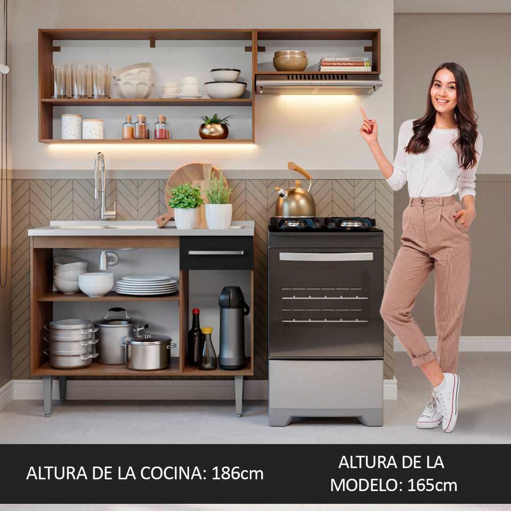 Cocina Compacta 165 cm 5 Puertas 1 Cajón con Bacha de Acero Inoxidable Marrón/Negro Emilly Madesa