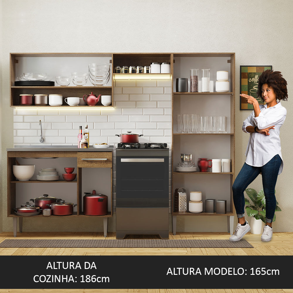 Combo completo de Cocina 229 cm 9 Puertas 1 Cajón con Bacha de Acero Inoxidable Marrón Emilly Madesa