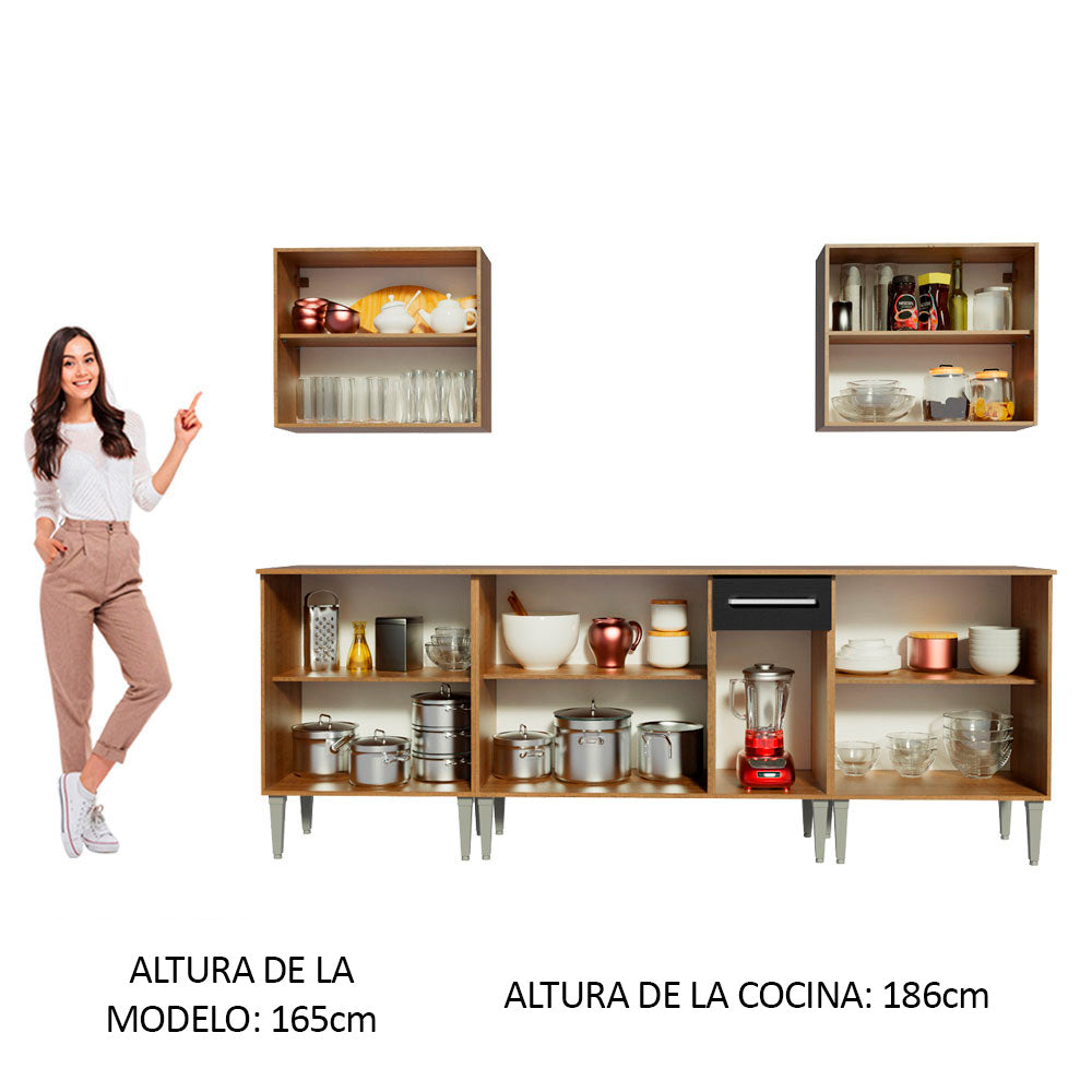 Combo completo de Cocina 233 cm 11 Puertas 1 Cajón Marrón/Negro Emilly Madesa