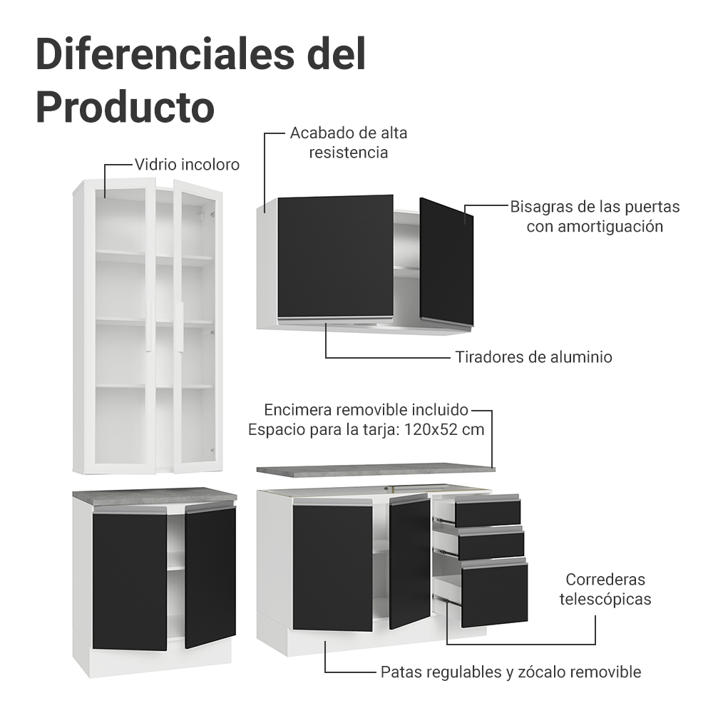 Combo completo de Cocina con Cristalero 190 cm Madesa Glamy BN 05