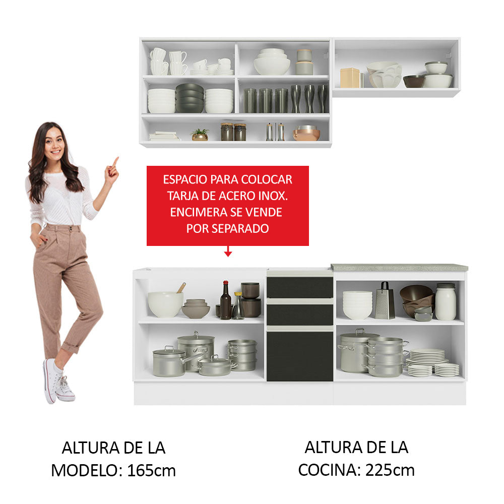 Cocina Compacta 200 cm 7 Puertas 3 Cajones Sin Mesada Blanco/Negro Glamy Madesa