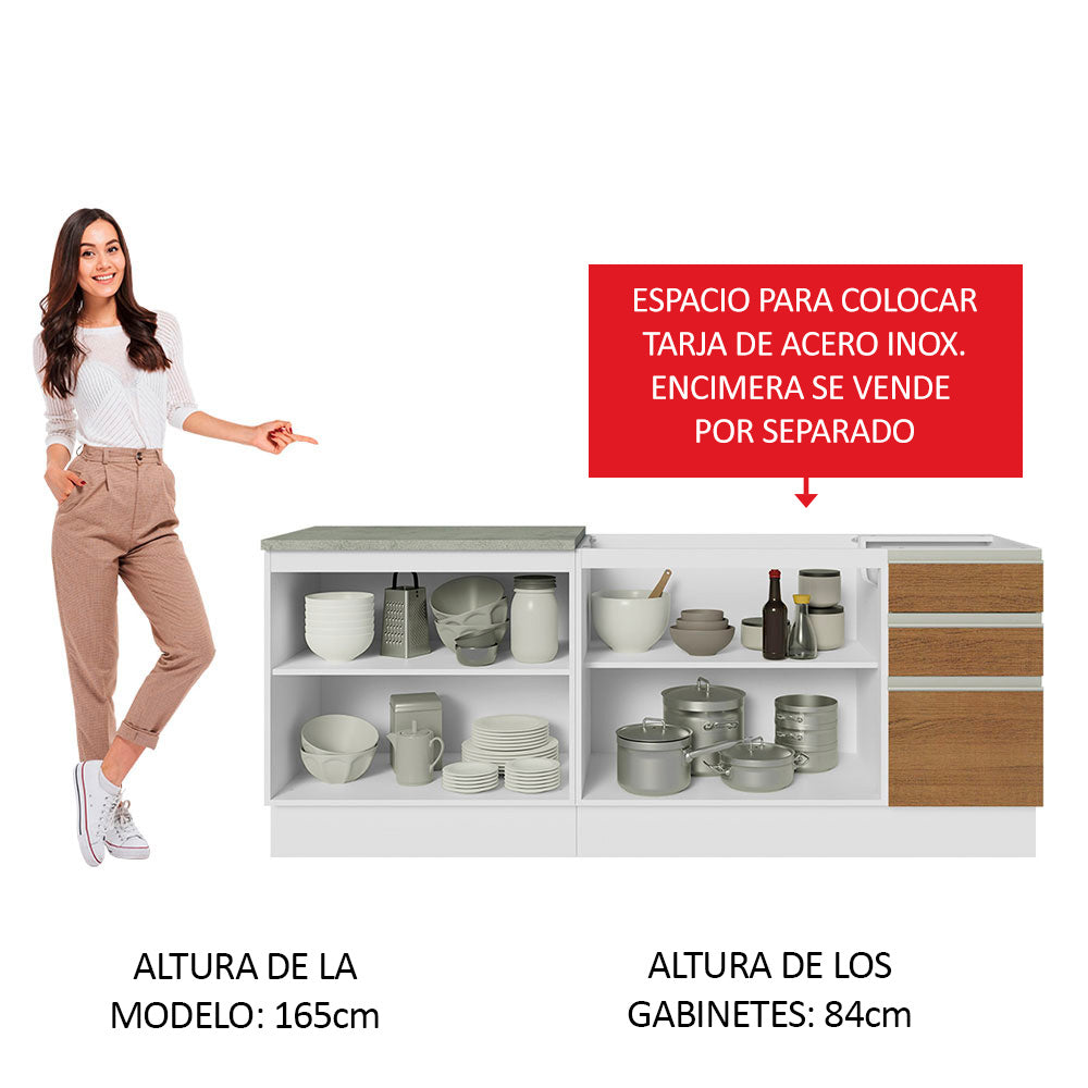 Cocina Compacta 200 cm 4 Puertas 3 Cajones Sin Mesada Blanco/Marrón Glamy Madesa