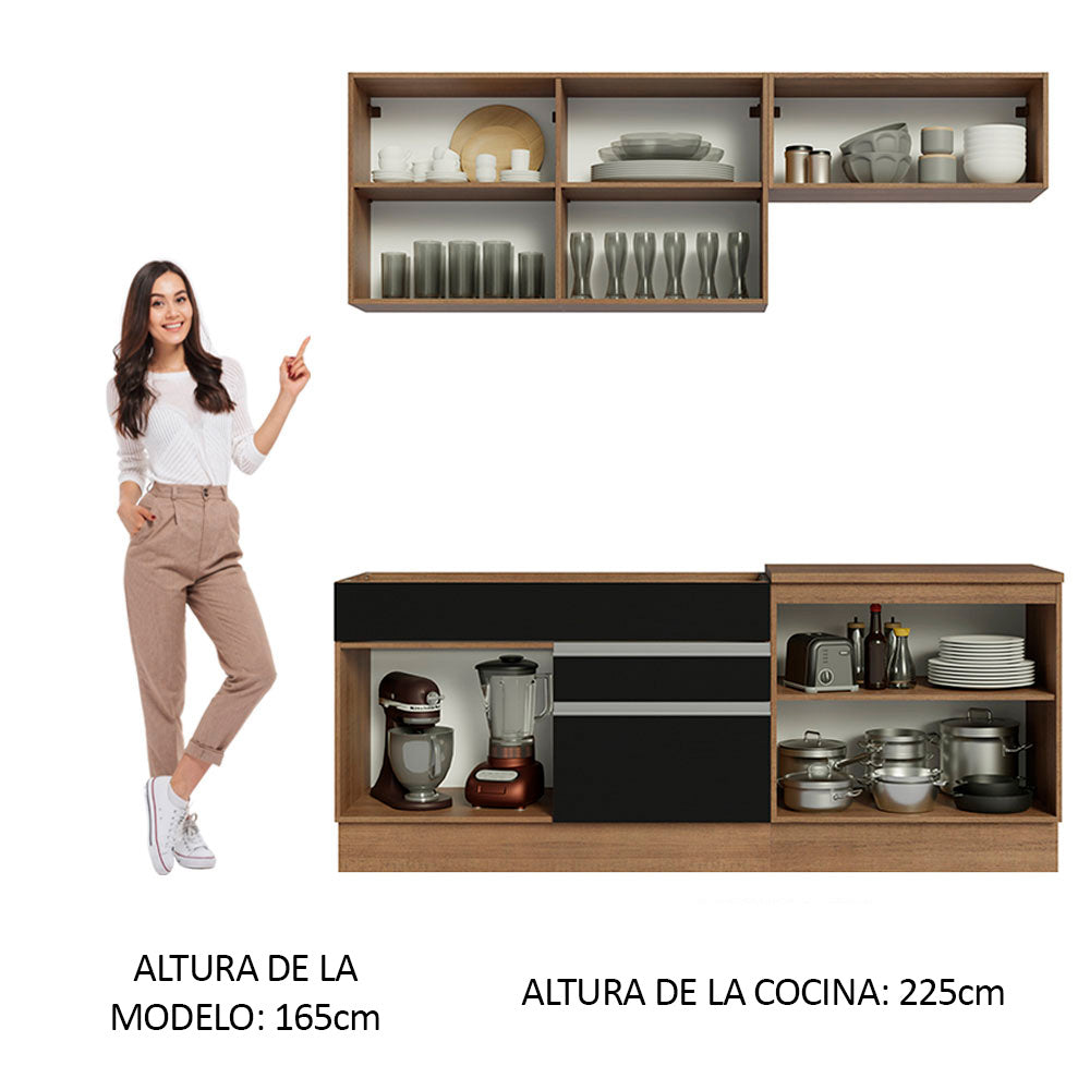 Cocina Compacta 200 cm 6 Puertas 2 Cajones Sin Mesada Marrón/Negro Glamy Madesa