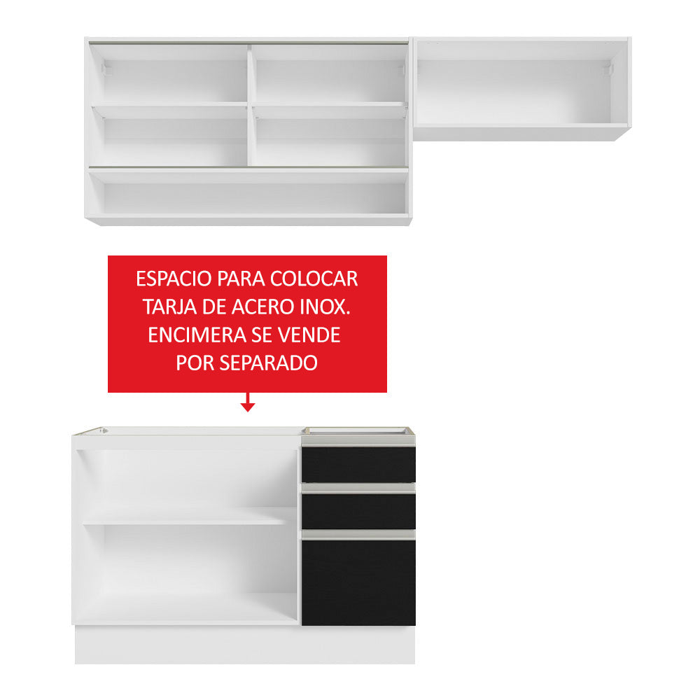 Cocina Compacta 200 cm 5 Puertas 3 Cajones Sin Mesada Blanco/Negro Glamy Madesa