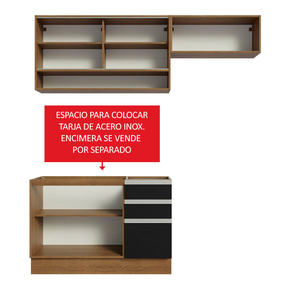 Cocina Compacta 200 cm 5 Puertas 3 Cajones Sin Mesada Marrón/Negro Glamy Madesa