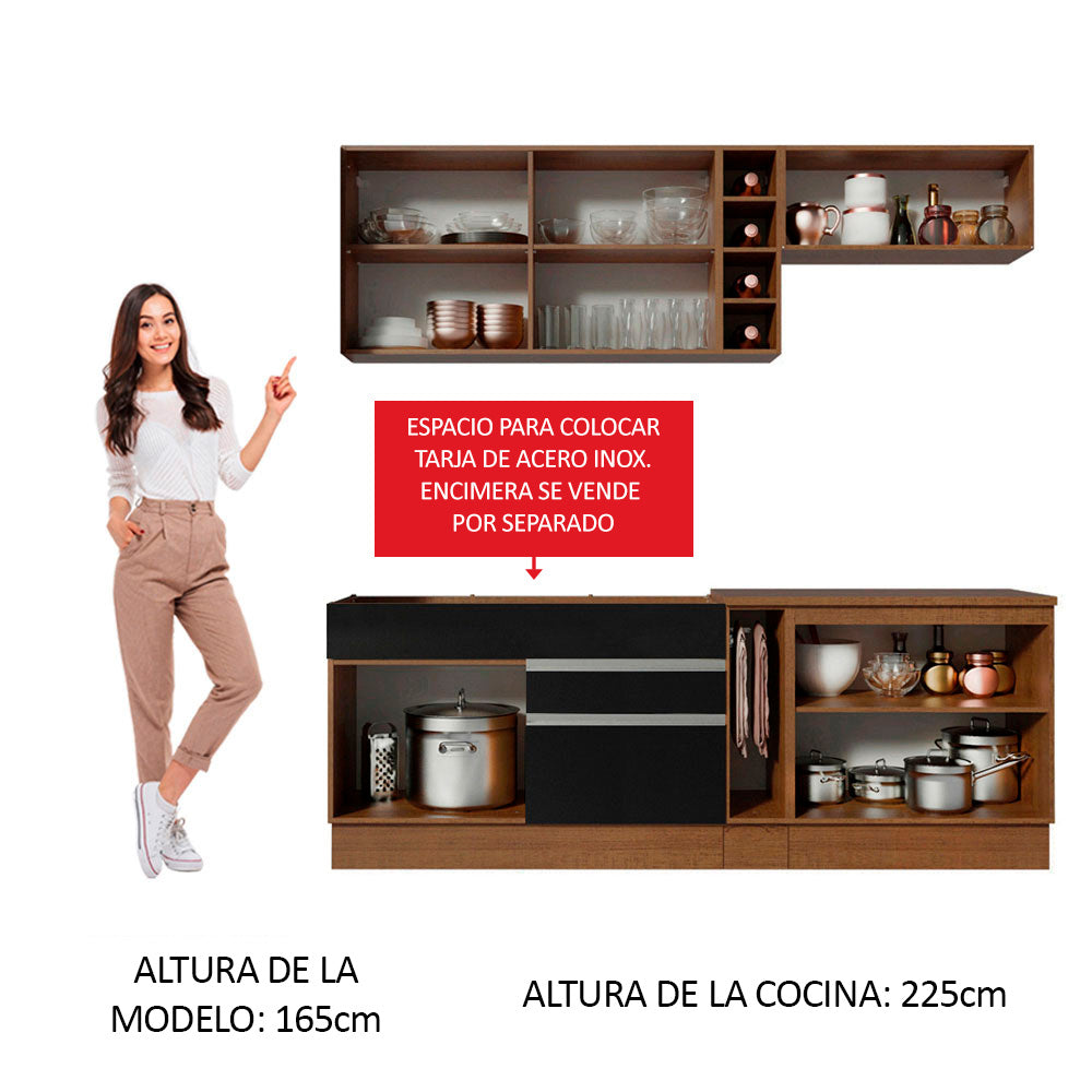 Combo completo de Cocina 220 cm 6 Puertas 2 Cajones Sin Mesada Marrón/Negro Glamy Madesa