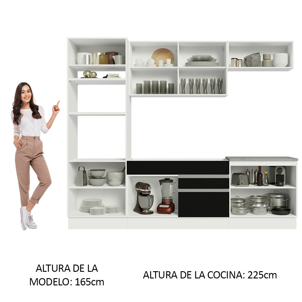 Combo completo de Cocina 270 cm 9 Puertas 2 Cajones Sin Mesada Blanco/Negro Glamy Madesa 13