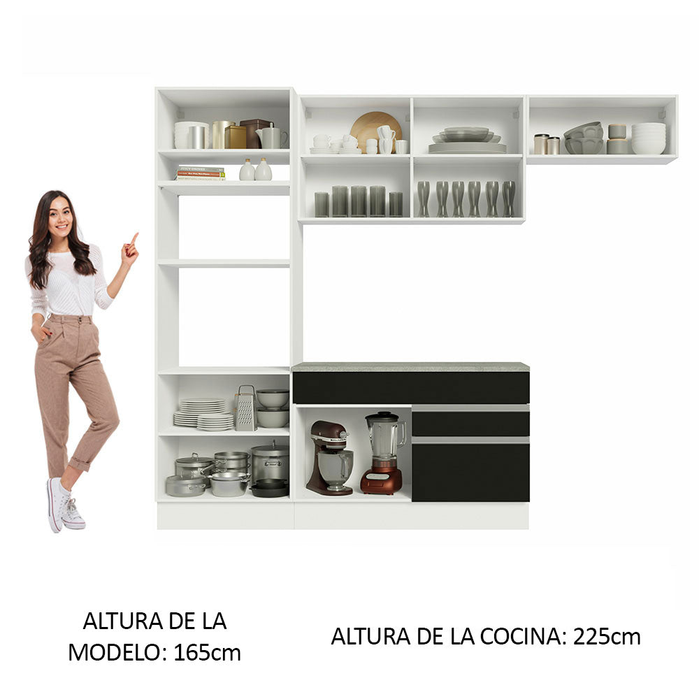 Combo completo de Cocina 270 cm 7 Puertas 2 Cajones Blanco/Negro Glamy Madesa