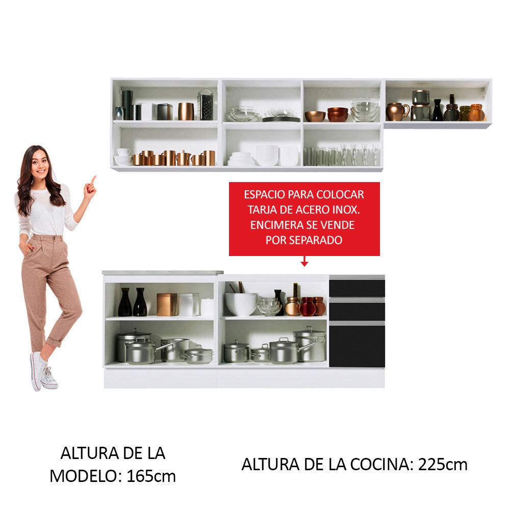 Combo completo de Cocina Madesa Glamy 280cm Blanco/Negro/Marrón