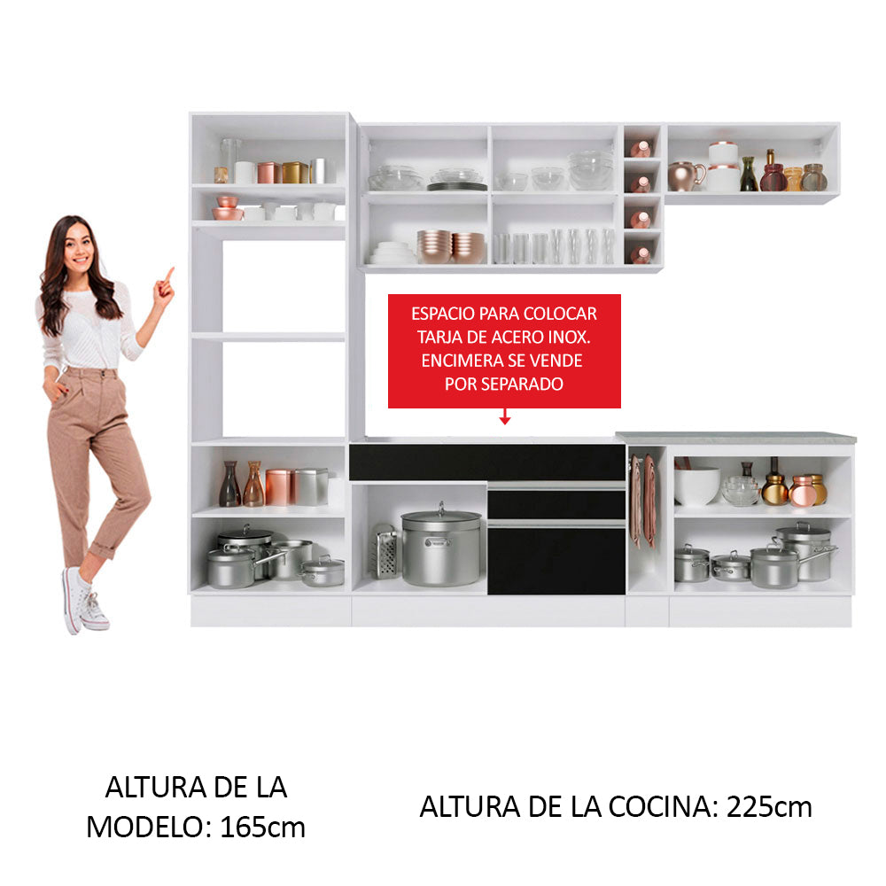 Combo completo de Cocina 290 cm 9 Puertas 2 Cajones Sin Mesada Blanco/Negro Glamy Madesa