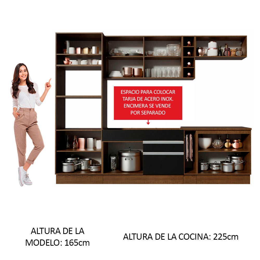 Combo completo de Cocina 290 cm 9 Puertas 2 Cajones Sin Mesada Marrón/Negro Glamy Madesa 02