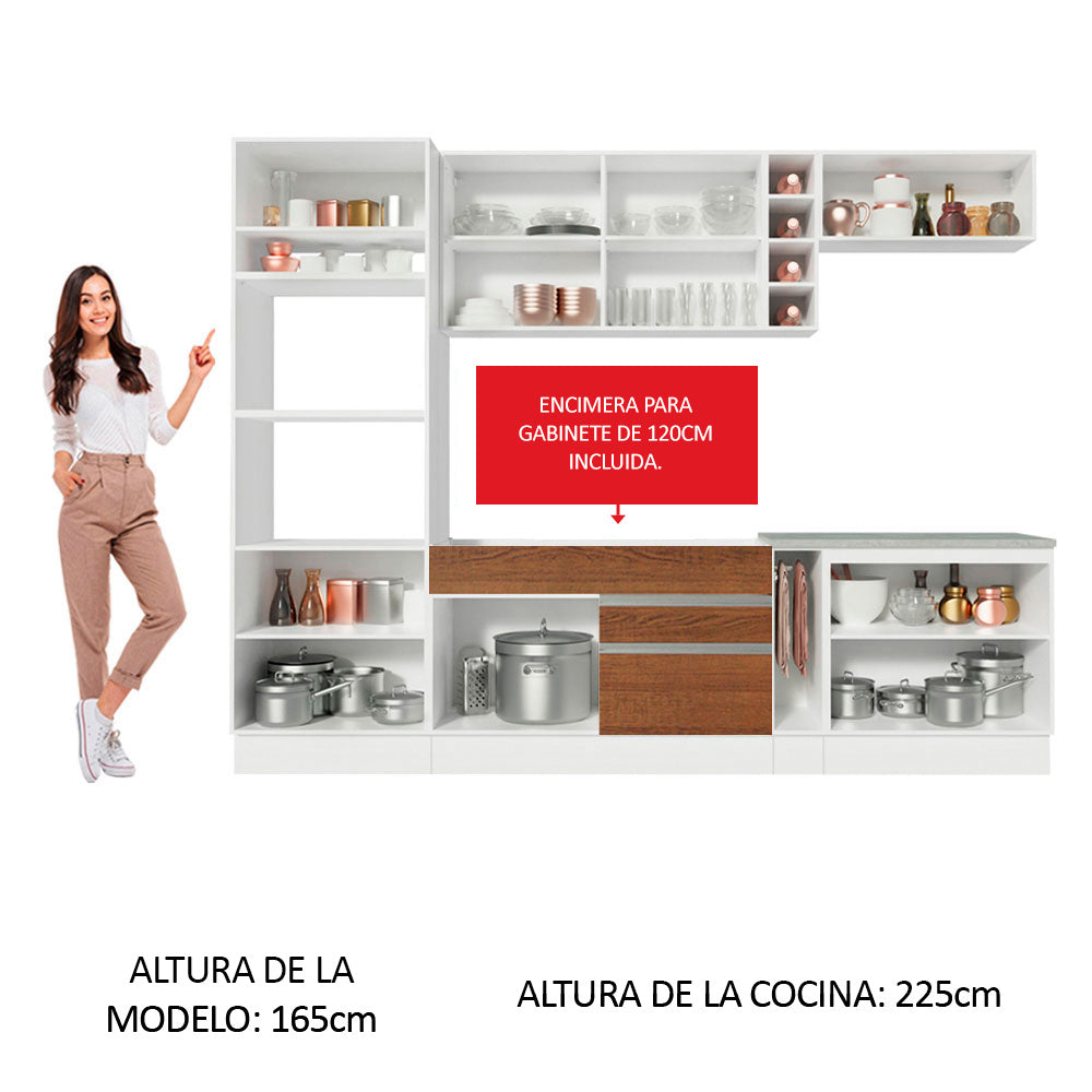 Combo completo de Cocina 290 cm 9 Puertas 2 Cajones Blanco/Marrón/Blanco Glamy Madesa