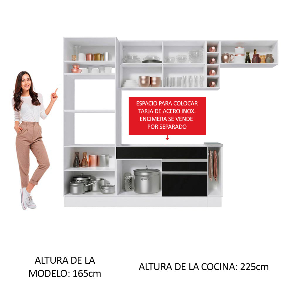 Combo completo de Cocina 290 cm 7 Puertas 2 Cajones Sin Mesada Blanco/Negro Glamy Madesa 04