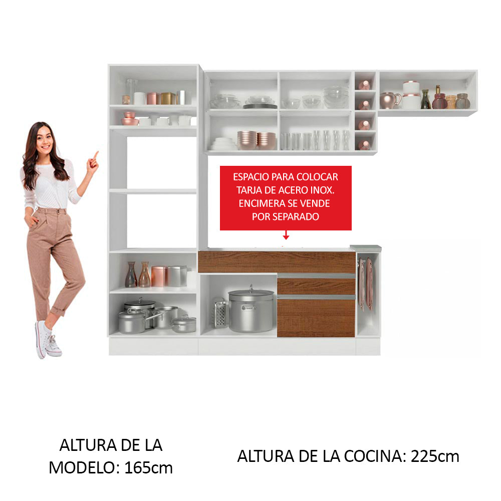 Combo completo de Cocina 290 cm 7 Puertas 2 Cajones Sin Mesada Blanco/Marrón Glamy Madesa