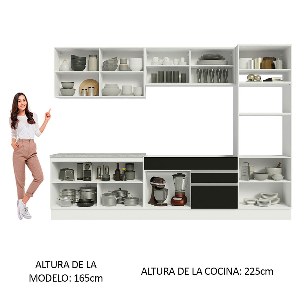 Combo completo de Cocina 310 cm 10 Puertas 2 Cajones Sin Mesada Blanco/Negro Glamy Madesa