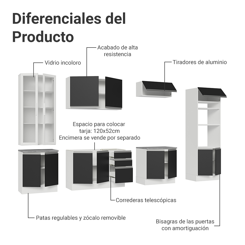 Combo completo de Cocina con Cristalero 340 cm Madesa Glamy BN 01