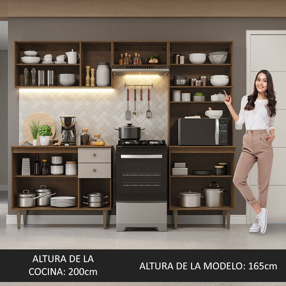 Combo completo de Cocina 235 cm 10 Puertas 2 Cajones Marrón/Crema Gourmet Madesa