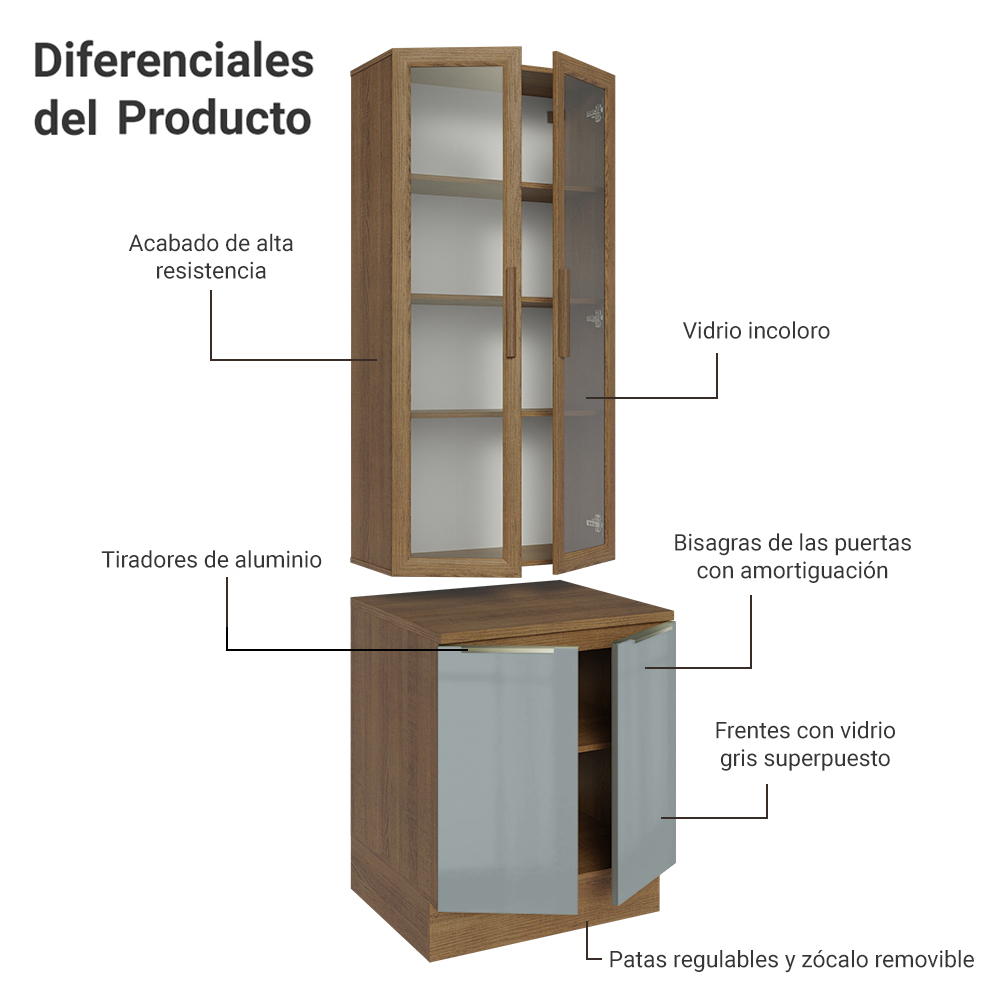 Kit Bajo Mesada y Cristalero 70 cm 4 Puertas Marrón/Gris Lux Madesa