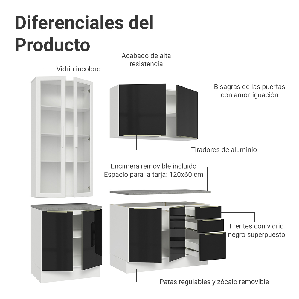 Cocina Compacta 190 cm con Cristalero 8 Puertas 3 Cajones Blanco/Negro Lux Madesa