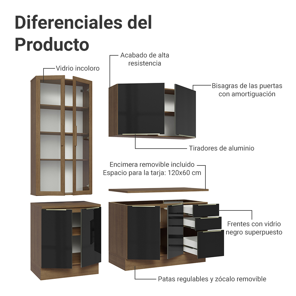 Cocina Compacta 190 cm con Cristalero 8 Puertas 3 Cajones Marrón/Negro Lux Madesa