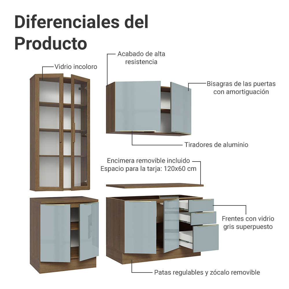 Cocina Compacta 190 cm con Cristalero 8 Puertas 3 Cajones Marrón/Gris Lux Madesa