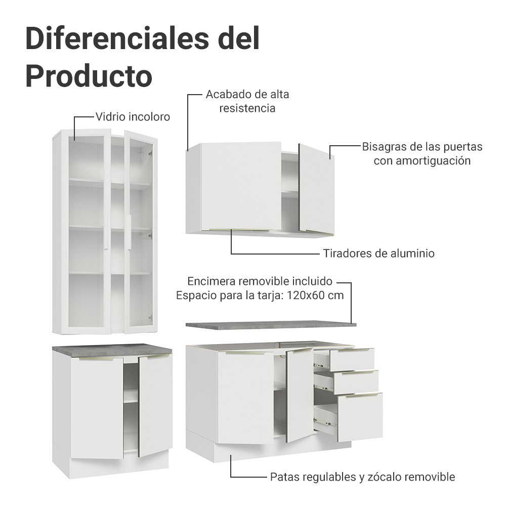 Cocina Compacta 190 cm con Cristalero 8 Puertas 3 Cajones Blanco Lux Madesa