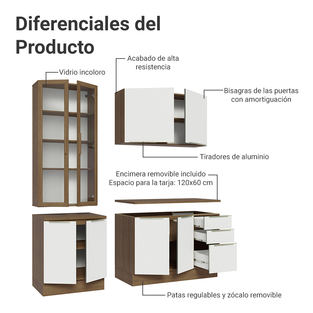 Cocina Compacta 190 cm con Cristalero 8 Puertas 3 Cajones Marrón/Blanco Lux Madesa