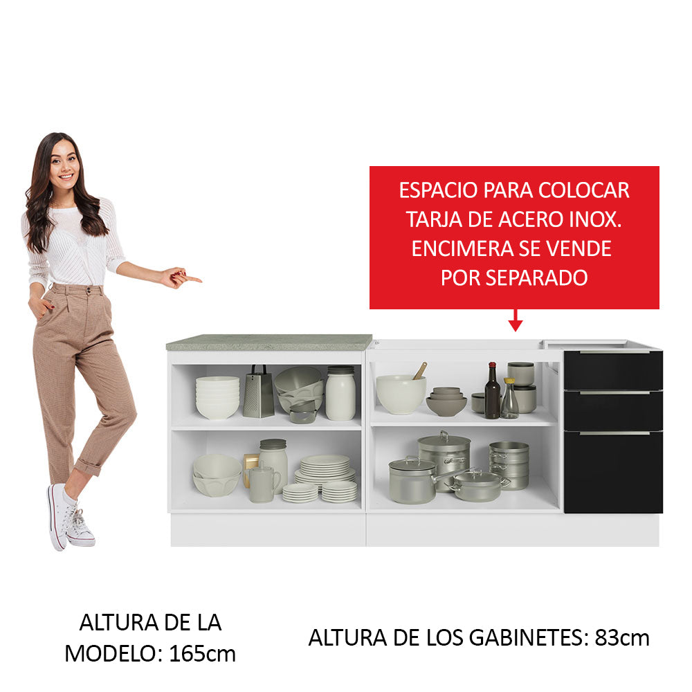 Combo con 2 Bajos Mesadas de Cocina 4 Puetas 3 Cajones 200 x 60 cm (Sin Mesada y Bacha) Blanco/Negro Lux Madesa