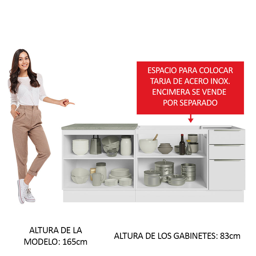 Combo con 2 Bajos Mesadas de Cocina 4 Puetas 3 Cajones 200 x 60 cm (Sin Mesada y Bacha) Blanco/Blanco Aterciopelado Lux Madesa