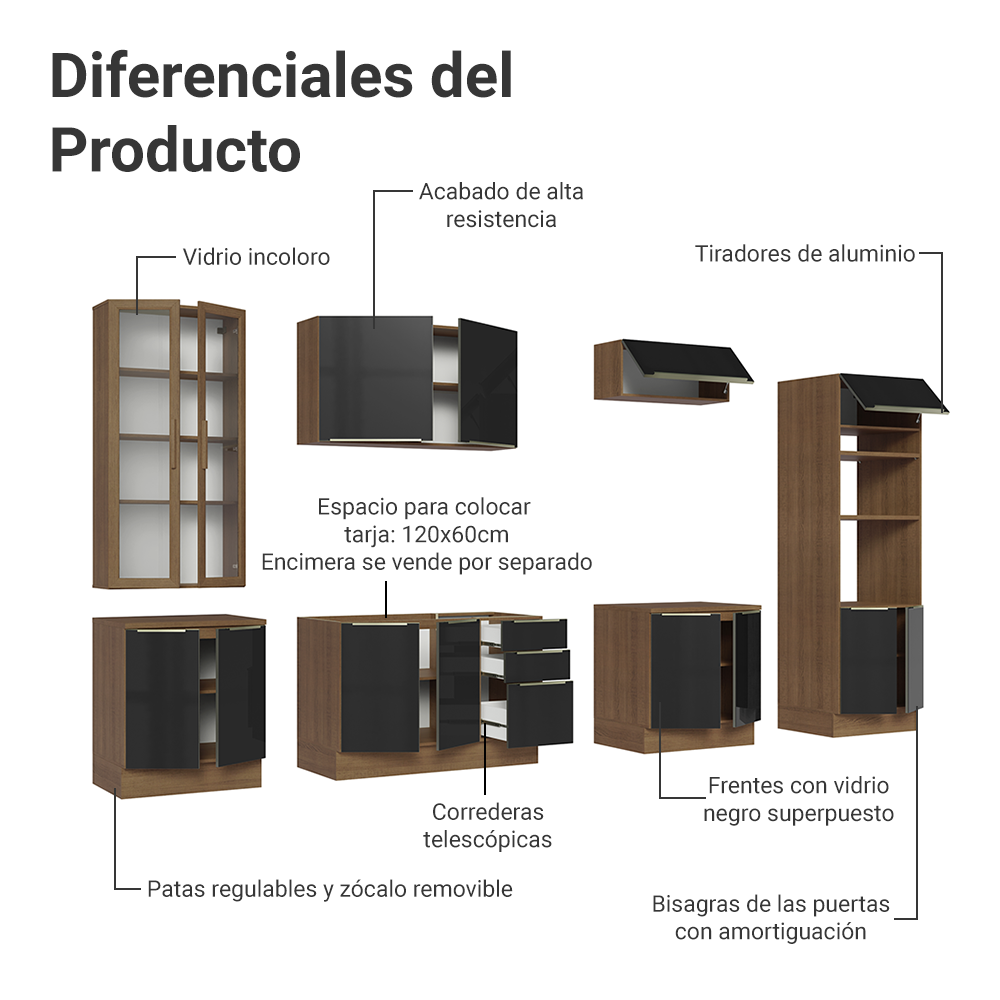 Combo completo de Cocina con Cristalero 340 cm Madesa Lux MN 02