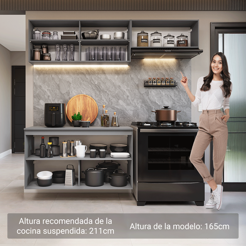 Combo completo de Cocina Flotante Nice 200 cm 5 Puertas (Con Mesada) Gris 02 Madesa
