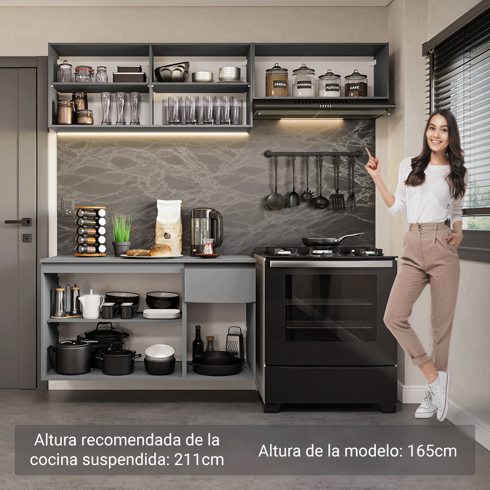 Combo completo de Cocina Flotante Nice 200 cm 5 Puertas (Con Mesada) Gris 04 Madesa
