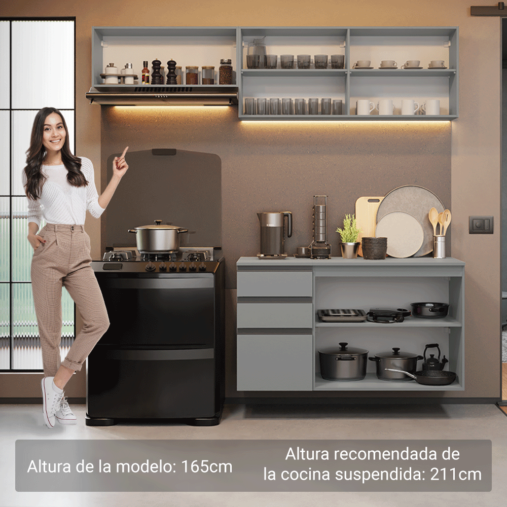Combo completo de Cocina Flotante Nice 200 cm 5 Puertas (Con Mesada) Gris 05 Madesa