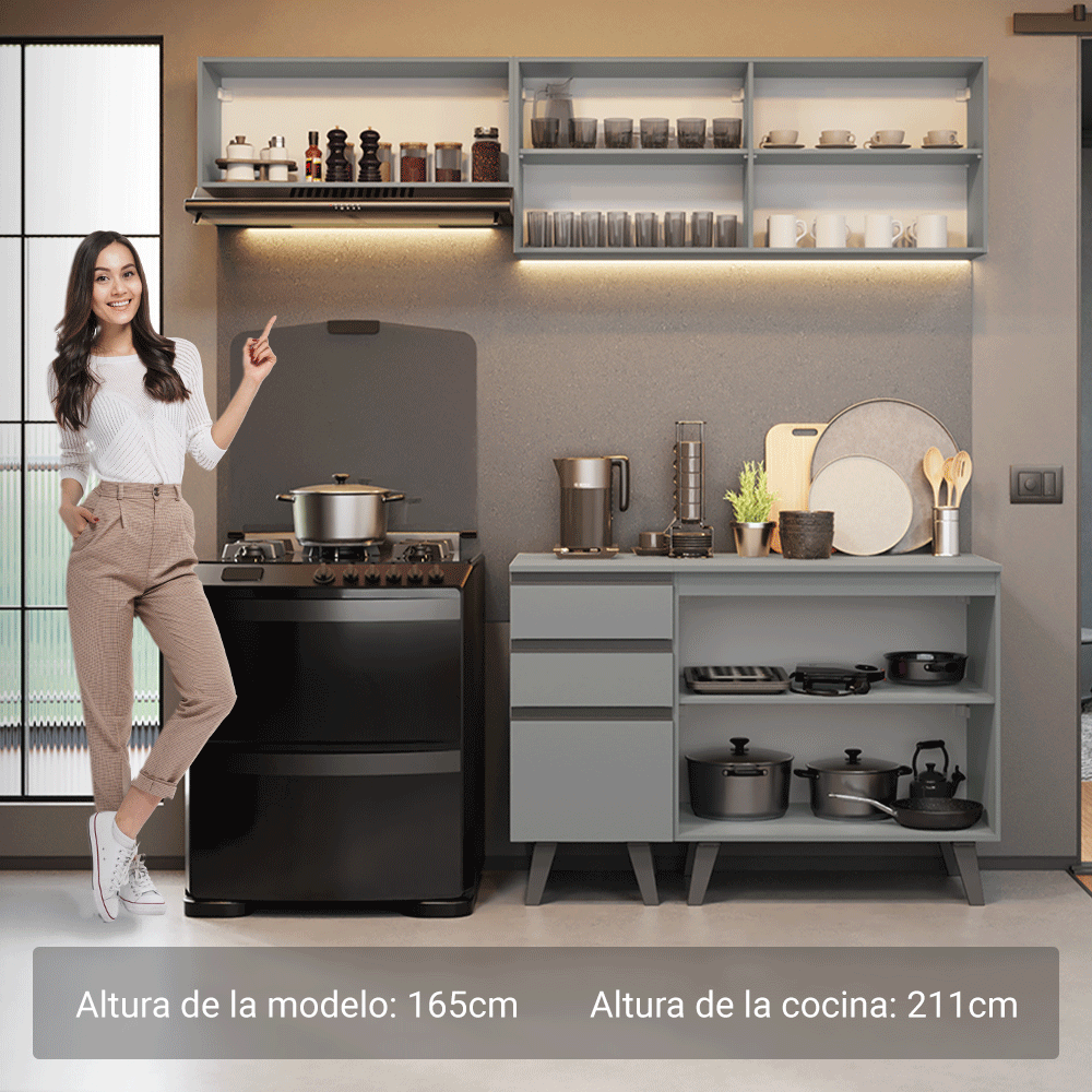 Cocina Compacta 200 cm 5 Puertas 3 Cajones Gris Nice Madesa