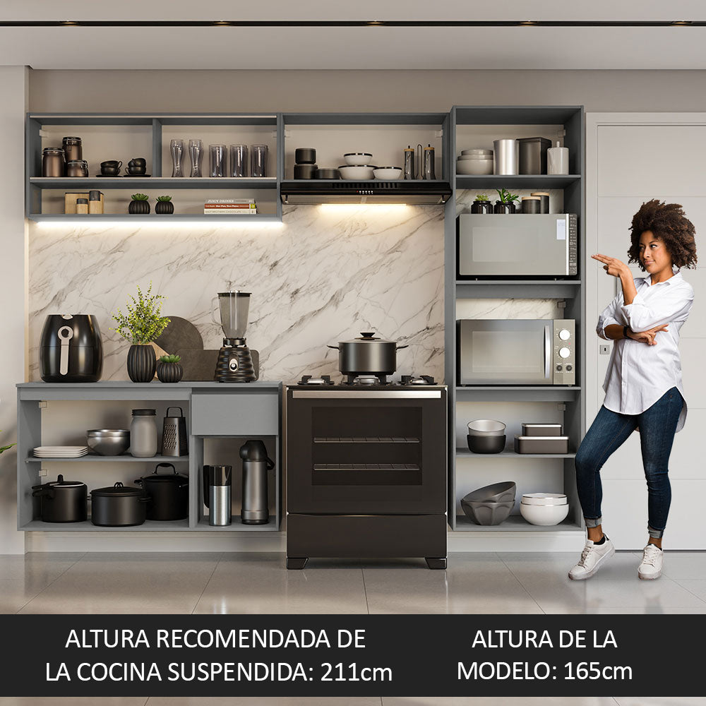 Combo Completo de Cocina 260 cm 8 Puertas 1 Cajón Flotante con Mueble para Horno y Microondas Gris Nice Madesa