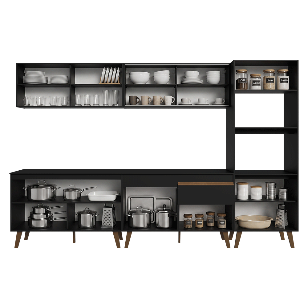 Mueble de Cocina Completa Pieta 310 cm 11 Puertas 1 Cajón (Con Mesada) Negro 01 Madesa